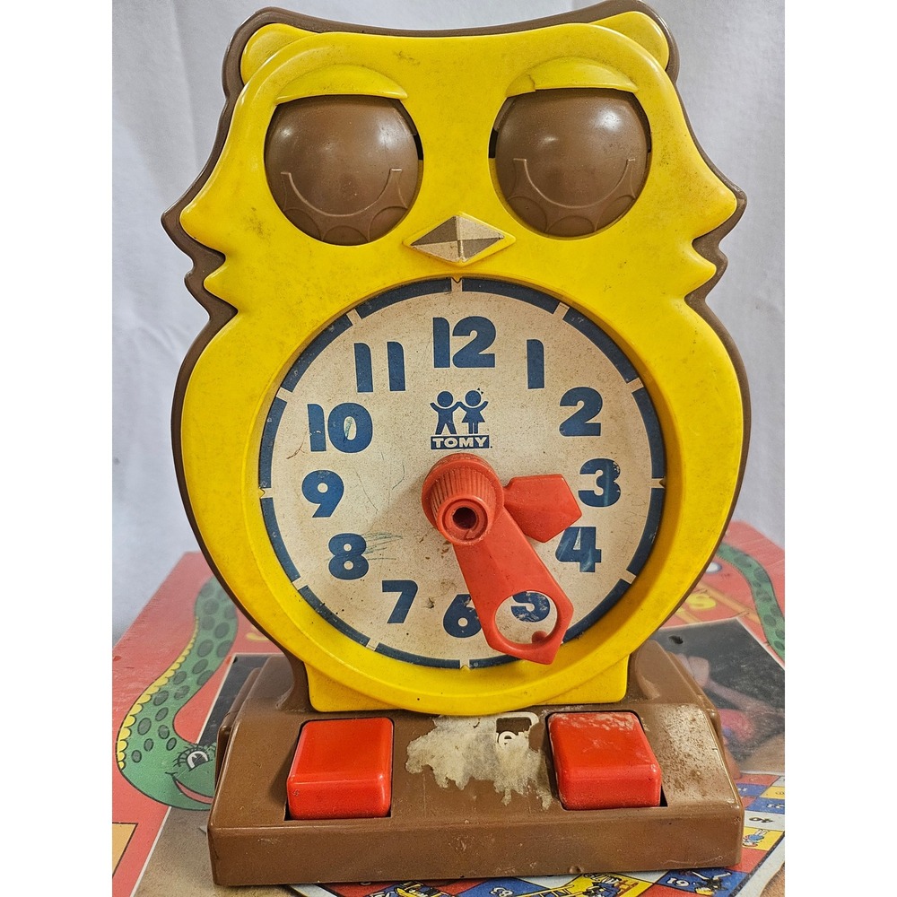 Vintage 1978 Tomy Owl Clock Teaching Toy Yellow Brown Retro Hong Kong 70s